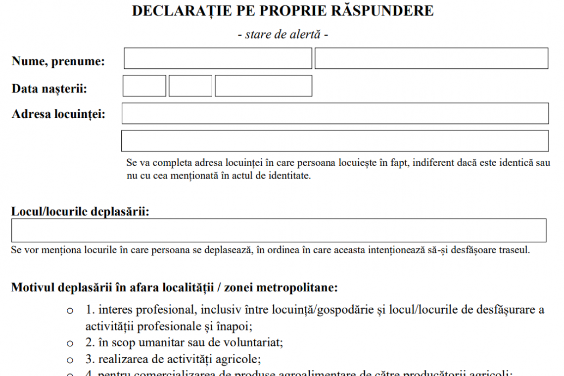  Cum arată noua declaraţie pe propria răspundere pentru ieşirea din localitate