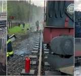 VIDEO| Locomotiva unui tren privat de călători a luat foc în Gara Sinaia