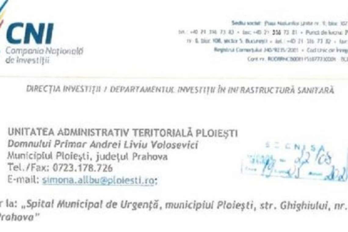 Proiectul ”Spitalul Municipal de Urgență Ploiești”, inclus pe lista-sinteză a Companiei Naționale de Investiții