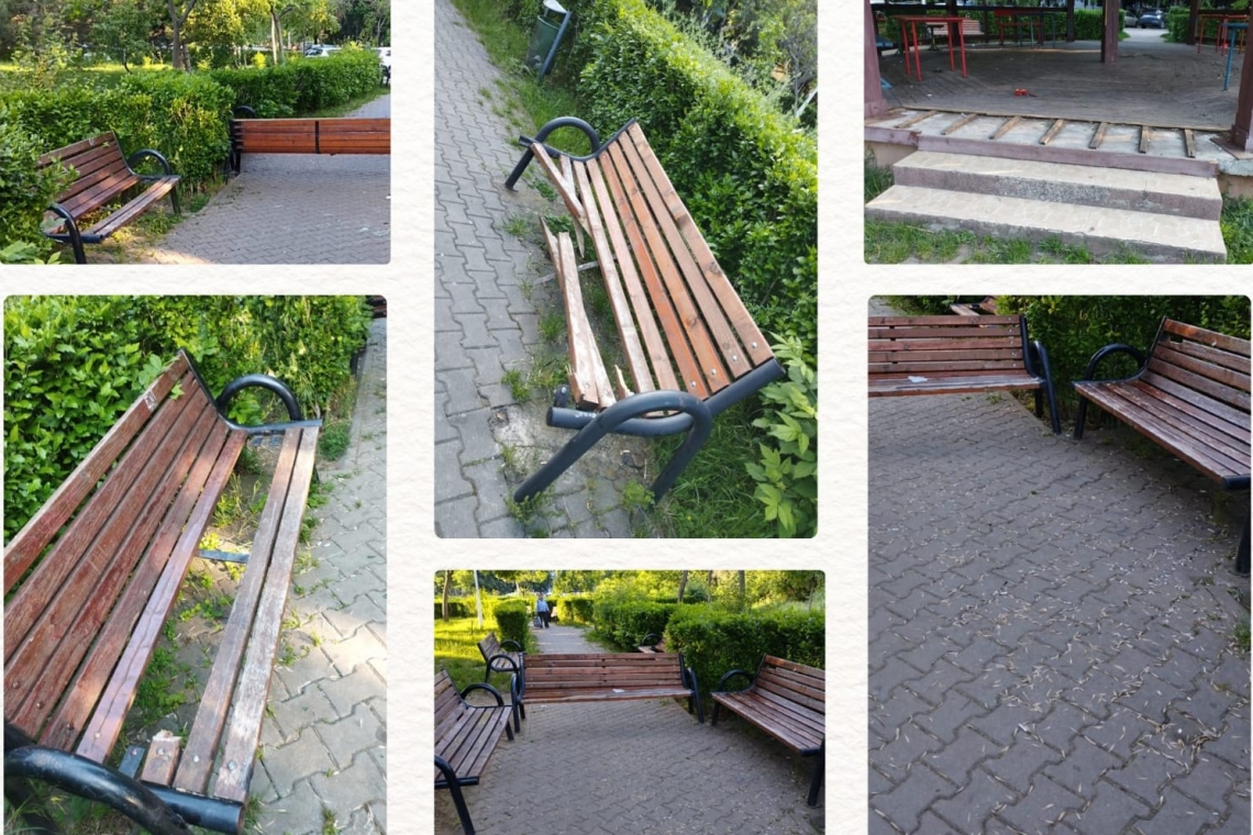 Băncile din parcurile din Ploiești, distruse la scurt timp după ce au fost reparate
