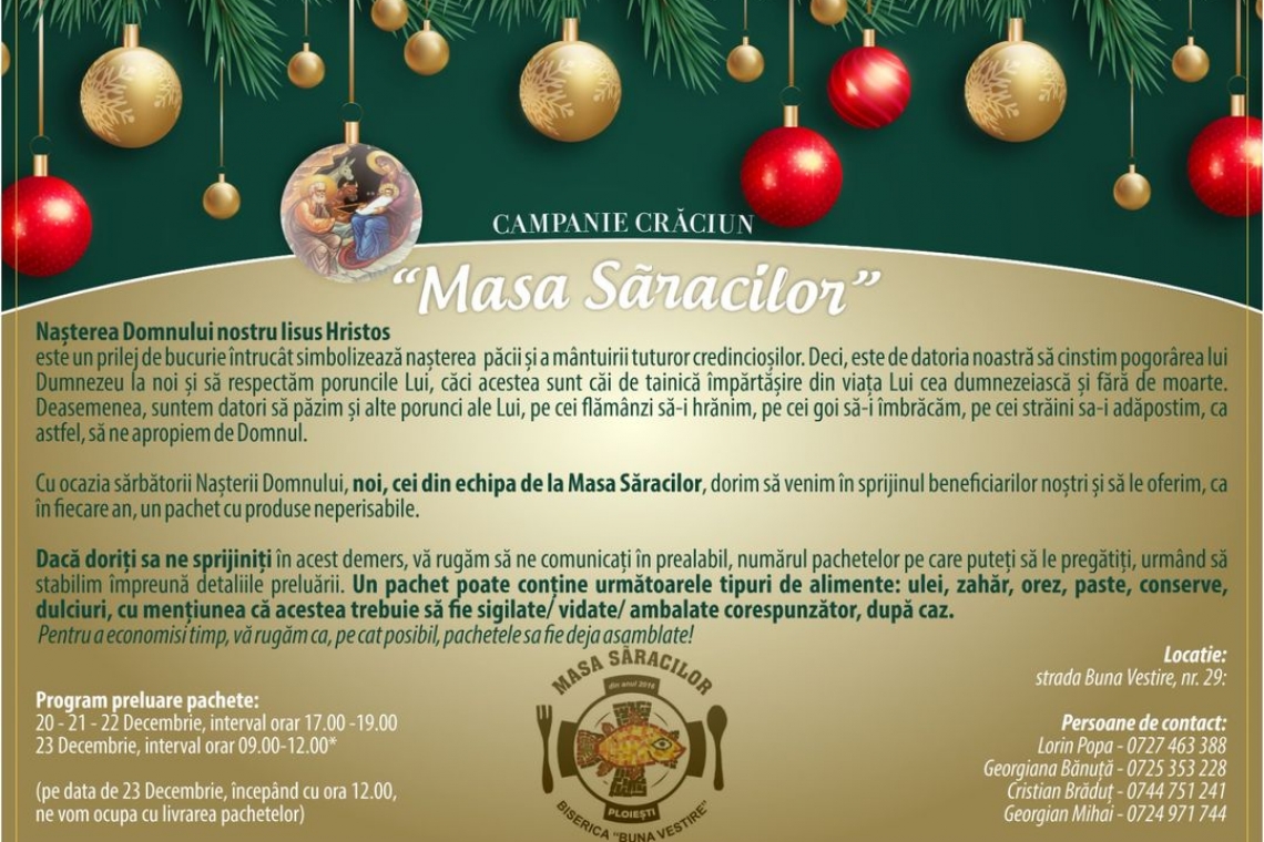 APEL UMANITAR! Cei de la Masa Săracilor Ploiești, alături de comunitate în perioada Crăciunului